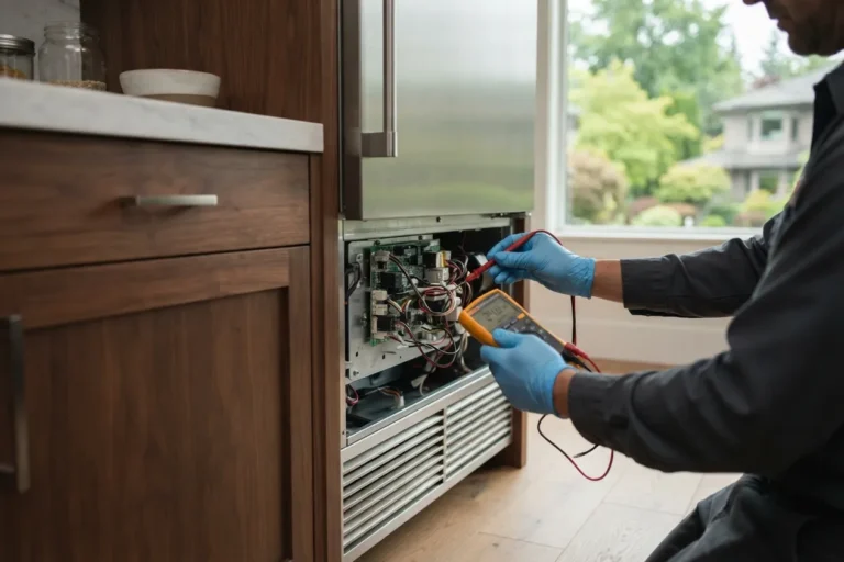 Technician testing the control board of a built-in refrigerator