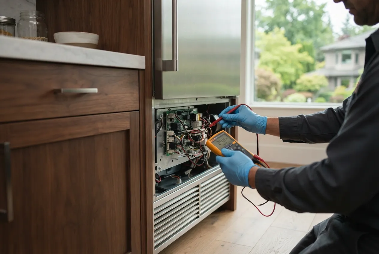 Technician testing the control board of a built-in refrigerator