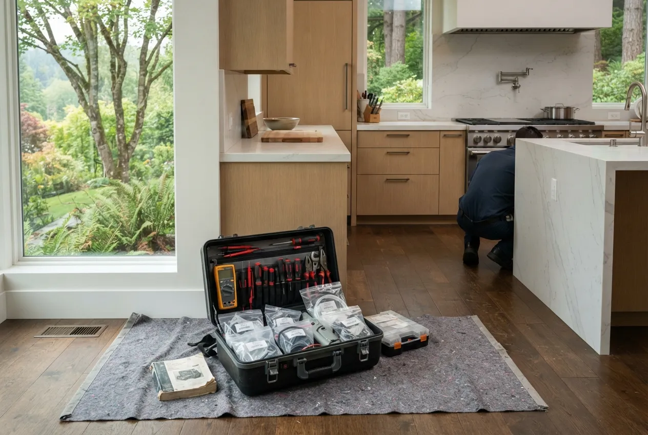 Appliance technician's tool case with meters and replacement parts